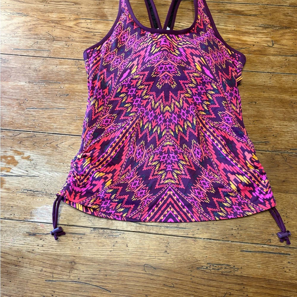 Athleta-Tankini Top Pink Aztec Cayo Coco Ruched Sides Swim Beach S